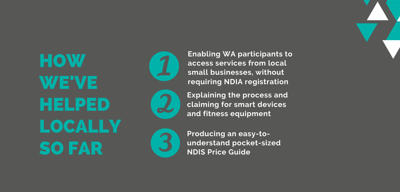 HOW WE’VE HELPED LOCALLY SO FAR Enabling WA participants to access services from local small businesses, without requiring NDIA registration  Explaining the process and claiming for smart devices and fitness equipment  Producing an easy-to-understand pocket-sized NDIS Price Guide